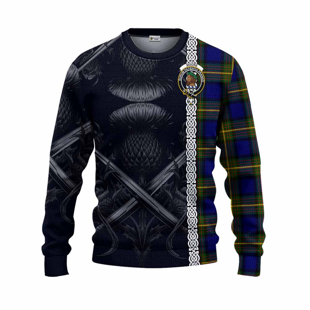 Moore Tartan Knitted Sweater with Family Crest Cross Sword Thistle Celtic Vibes Unisex - Tartan Vibes Clothing
