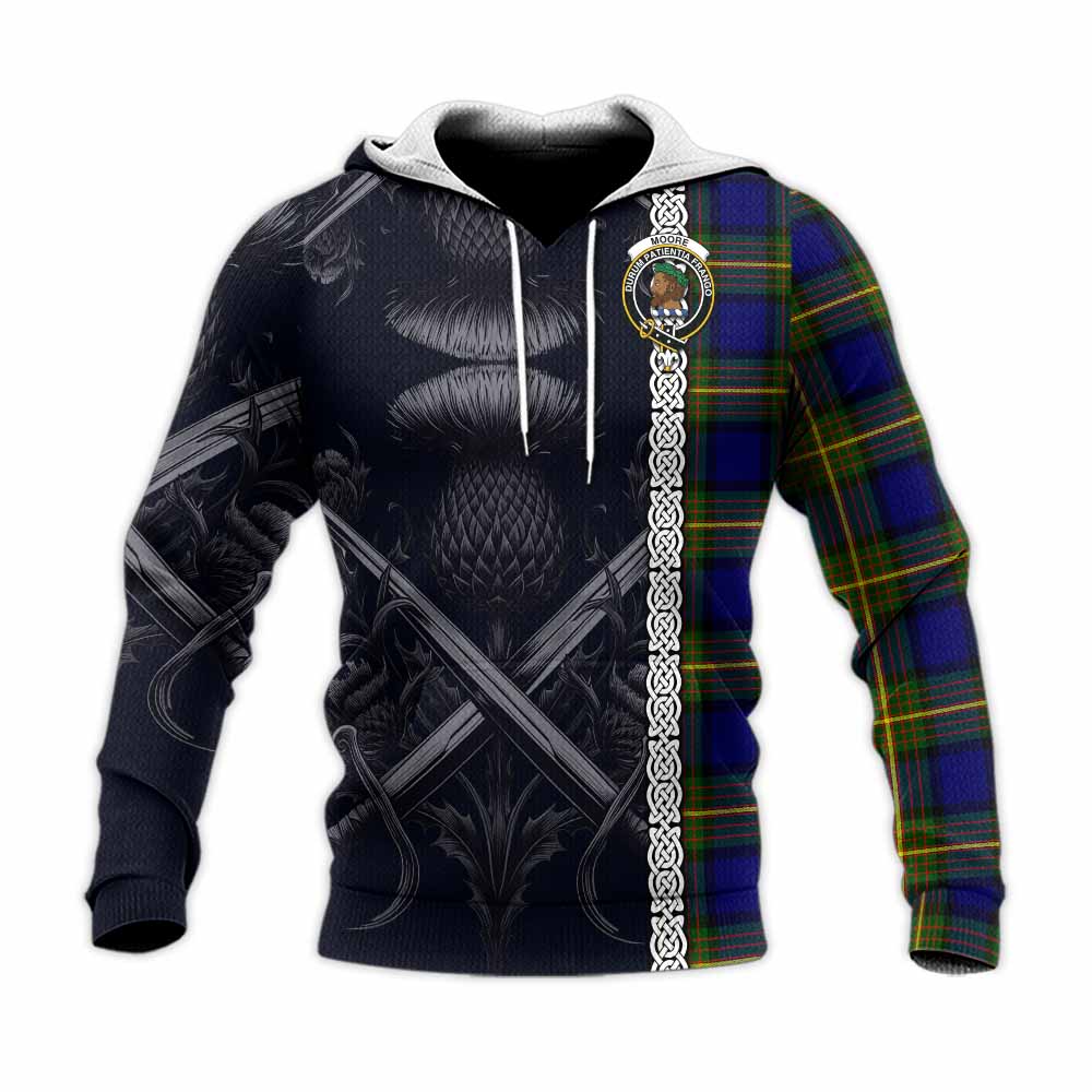Moore Tartan Knitted Hoodie with Family Crest Cross Sword Thistle Celtic Vibes Unisex Knitted Pullover Hoodie - Tartan Vibes Clothing