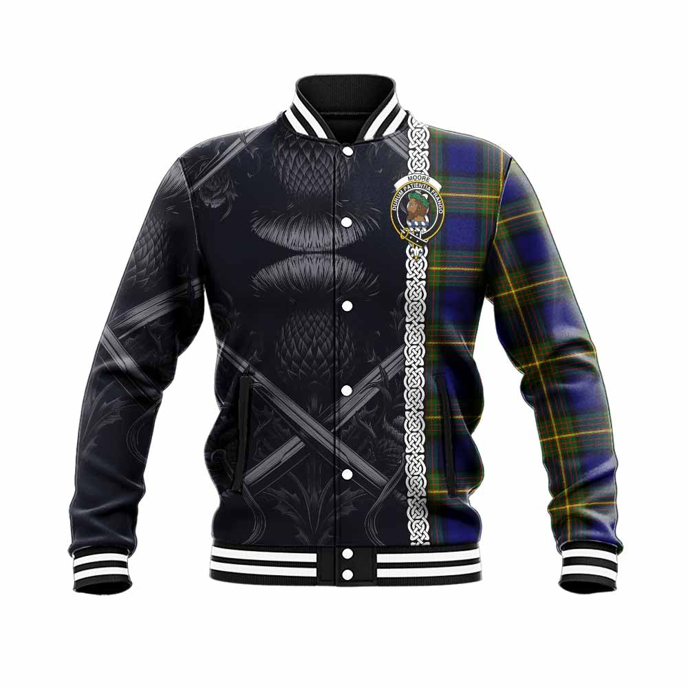 Moore Tartan Baseball Jacket with Family Crest Cross Sword Thistle Celtic Vibes Unisex - Tartan Vibes Clothing