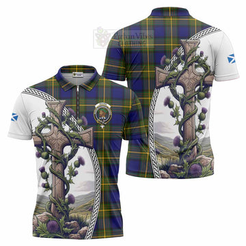 Moore Tartan Zipper Polo Shirt with Family Crest and St. Andrew's Cross Accented by Thistle Vines Unisex - Tartan Vibes Clothing