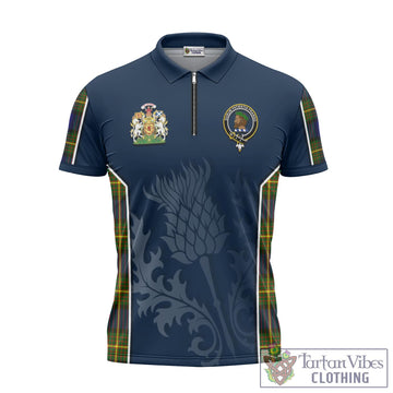 Moore Tartan Zipper Polo Shirt with Family Crest and Scottish Thistle Vibes Sport Style
