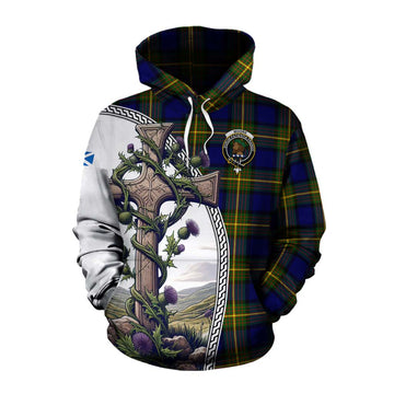 Moore Tartan Cotton Hoodie with Family Crest and St. Andrew's Cross Accented by Thistle Vines Pullover Hoodie XS - Tartan Vibes Clothing