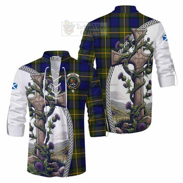 Moore Tartan Ghillie Kilt Shirt with Family Crest and St. Andrew's Cross Accented by Thistle Vines Men - Tartan Vibes Clothing