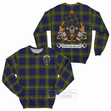 Moore Tartan Sweatshirt with Family Crest and Bearded Skull Holding Bottles of Whiskey Unisex - Tartan Vibes Clothing