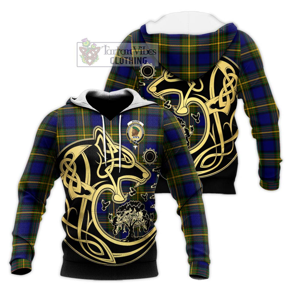 Moore Tartan Knitted Hoodie with Family Crest Celtic Wolf Style Unisex Knitted Pullover Hoodie - Tartan Vibes Clothing