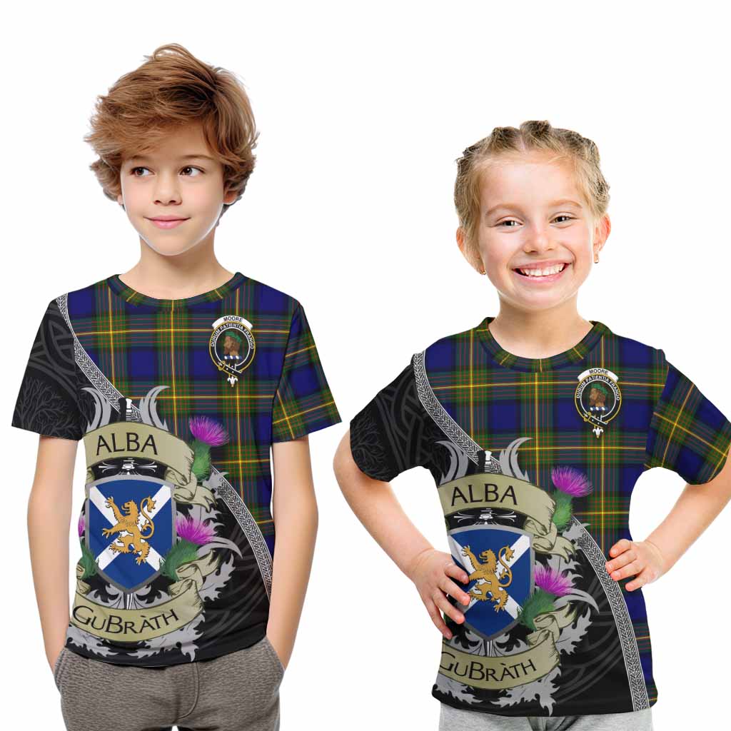 Moore Tartan Family Crest Kid T-Shirt Lion Rampant Royal Thistle Shield Celtic Inspired Youth XL Size14 - Tartan Vibes Clothing