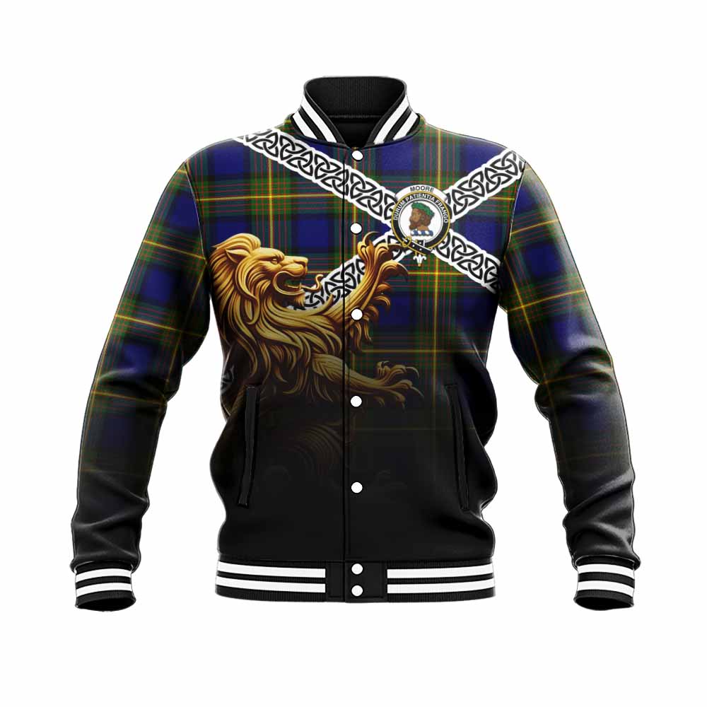 Moore Crest Tartan Baseball Jacket with Golden Lion Emblem Celtic Style Unisex - Tartan Vibes Clothing