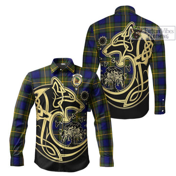 Moore Tartan Long Sleeve Button Shirt with Family Crest Celtic Wolf Style Men's Shirt S - Tartan Vibes Clothing