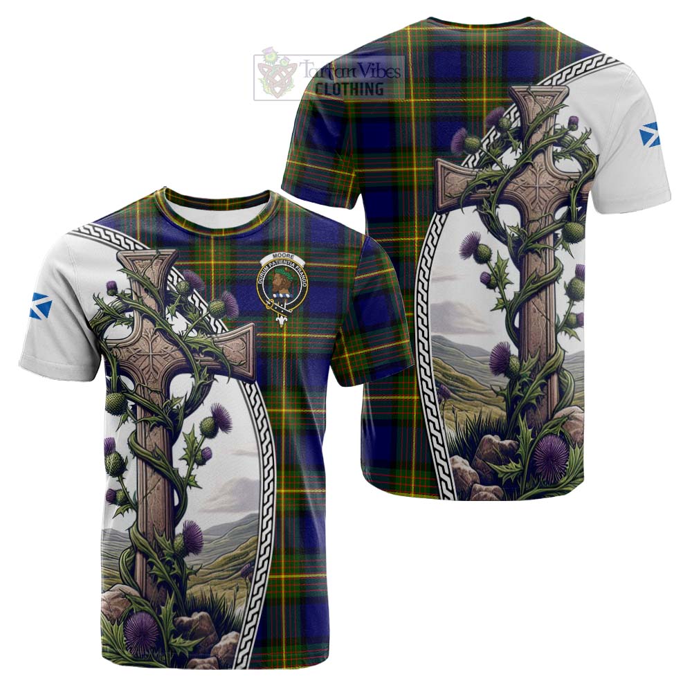 Tartan Vibes Clothing Moore Tartan Cotton T-shirt with Family Crest and St. Andrew's Cross Accented by Thistle Vines