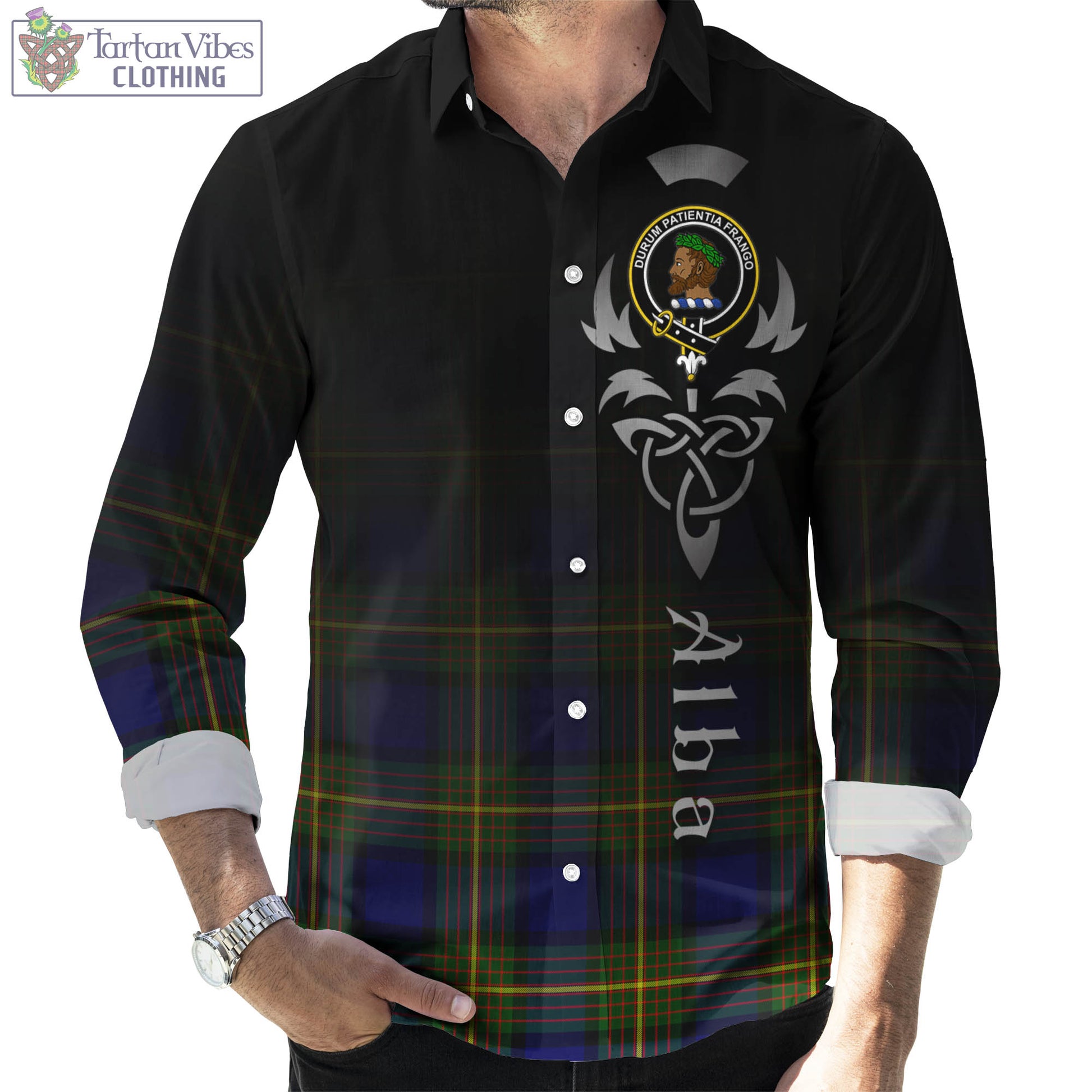 Moore Tartan Long Sleeve Button Up Featuring Alba Gu Brath Family Crest Celtic Inspired Men's Shirt - Tartan Vibes Clothing