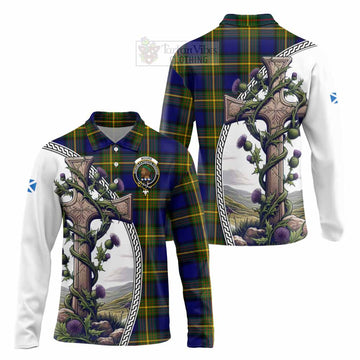 Moore Tartan Long Sleeve Polo Shirt with Family Crest and St. Andrew's Cross Accented by Thistle Vines Unisex - Tartan Vibes Clothing