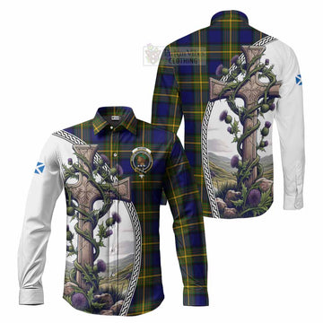 Moore Tartan Long Sleeve Button Shirt with Family Crest and St. Andrew's Cross Accented by Thistle Vines Men's Shirt S - Tartan Vibes Clothing