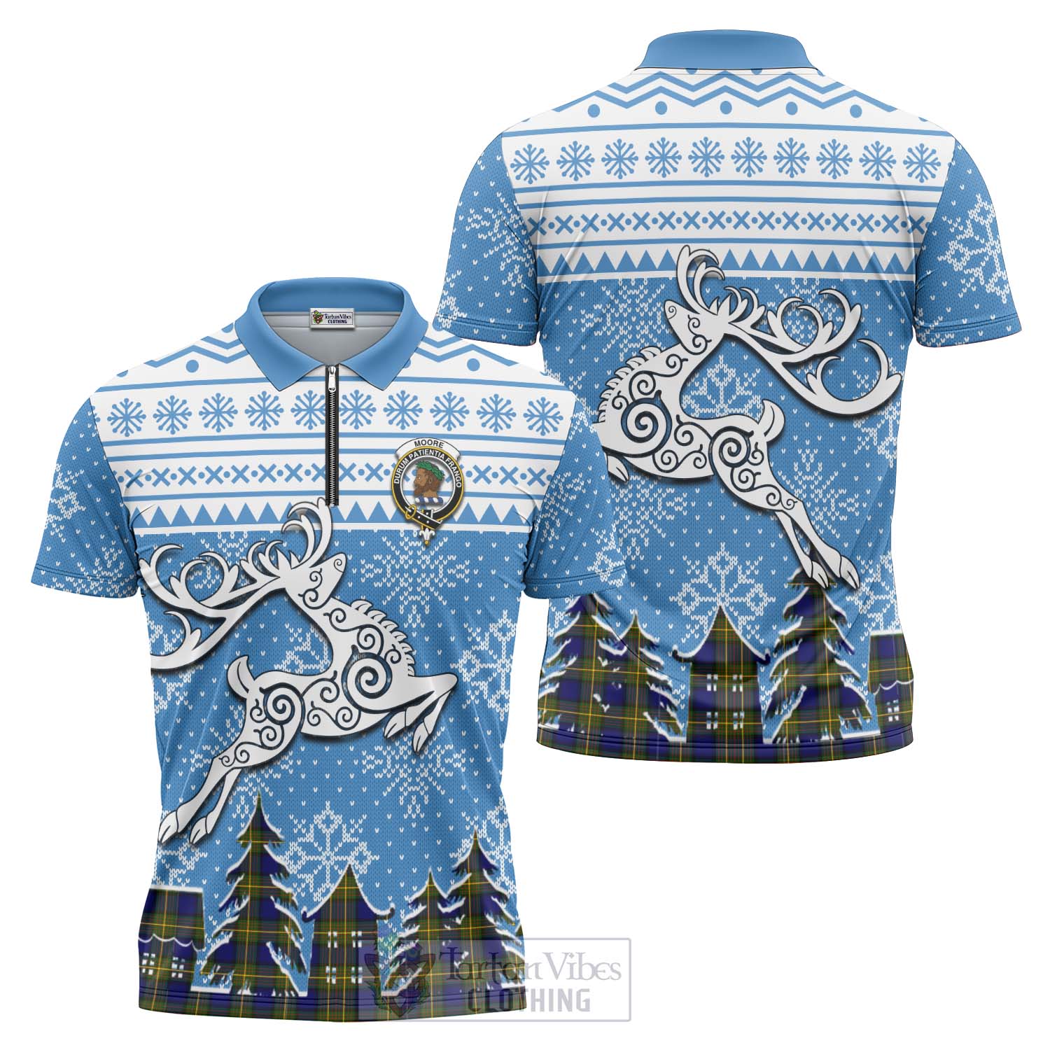 Moore Clan Christmas Zipper Polo Shirt Celtic Reindeer Style Unisex - Tartan Vibes Clothing