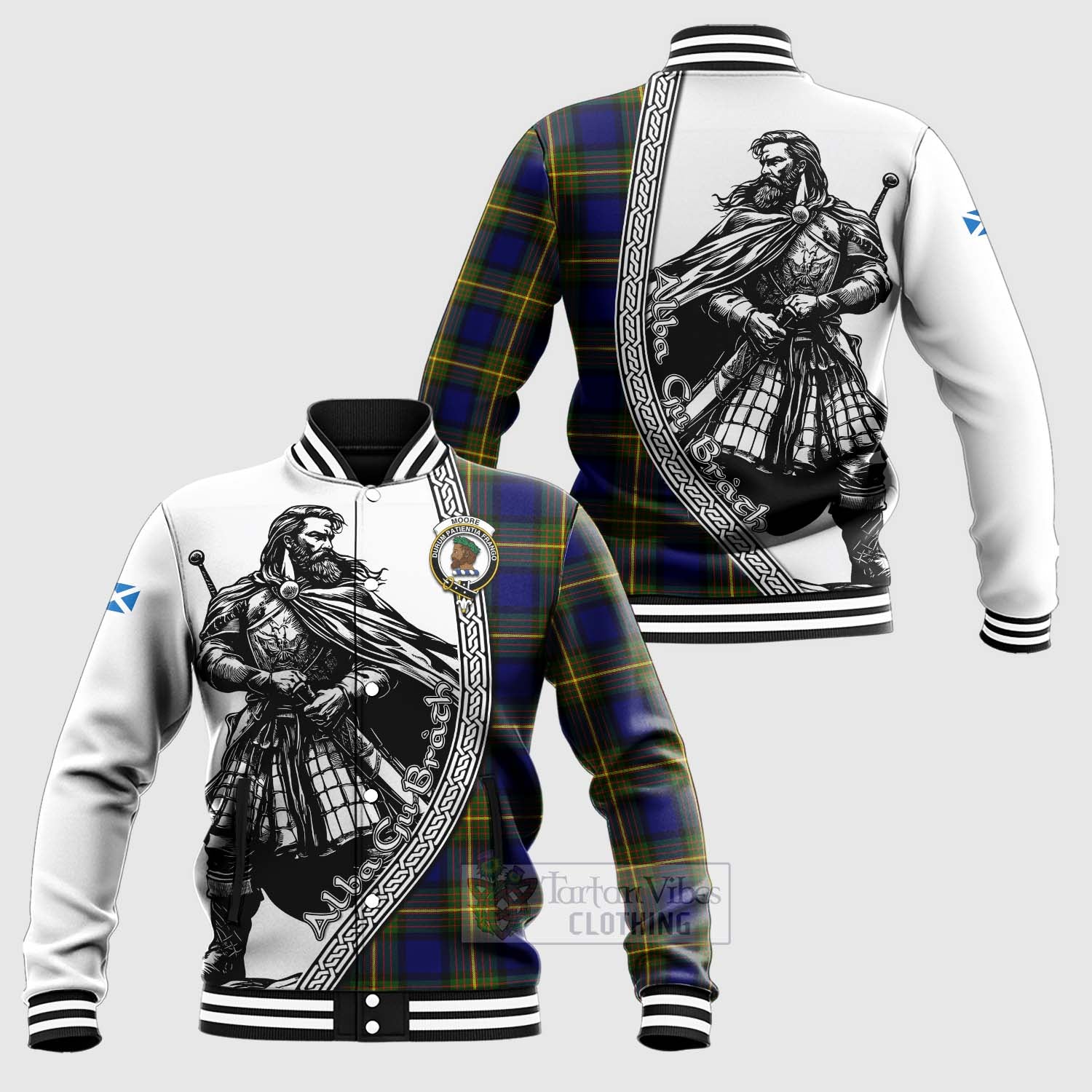 Moore Tartan Clan Crest Baseball Jacket with Highlander Warrior Celtic Style Unisex - Tartan Vibes Clothing