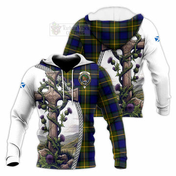 Moore Tartan Knitted Hoodie with Family Crest and St. Andrew's Cross Accented by Thistle Vines Unisex Knitted Pullover Hoodie - Tartan Vibes Clothing