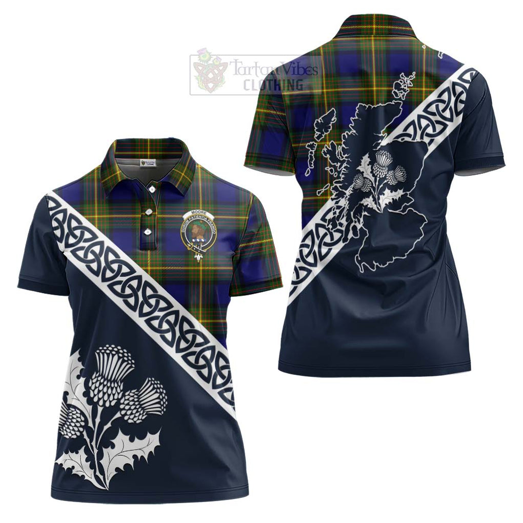 Moore Tartan Women's Polo Shirt Featuring Thistle and Scotland Map Women - Tartanvibesclothing Store