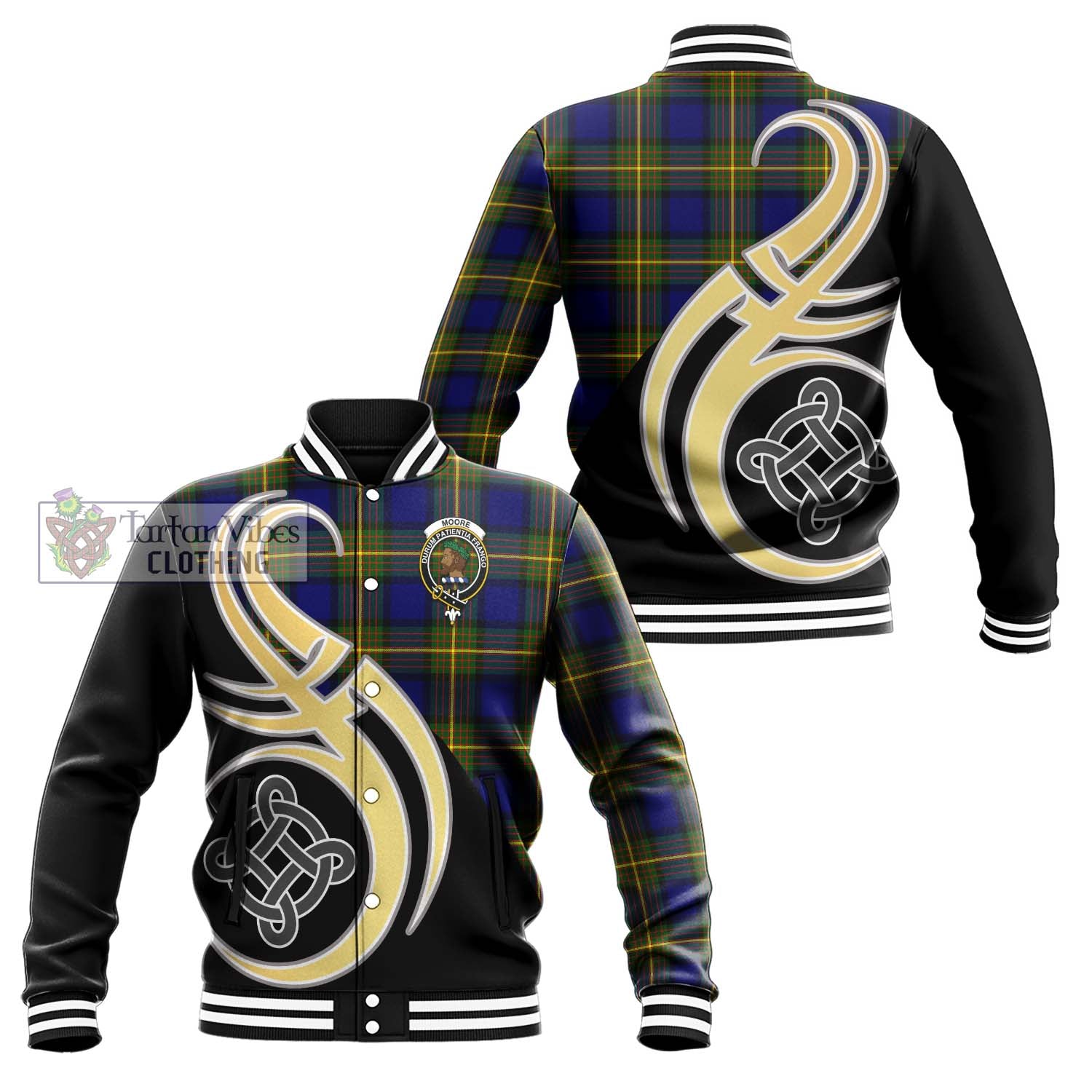 Moore Tartan Baseball Jacket with Family Crest and Celtic Symbol Style Unisex - Tartan Vibes Clothing