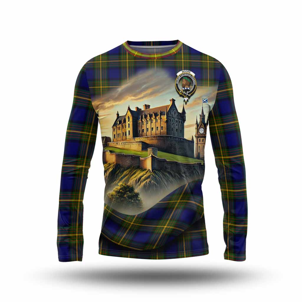 Moore Tartan Family Crest Long Sleeve T-Shirt with Scottish Ancient Castle Style Unisex - Tartan Vibes Clothing