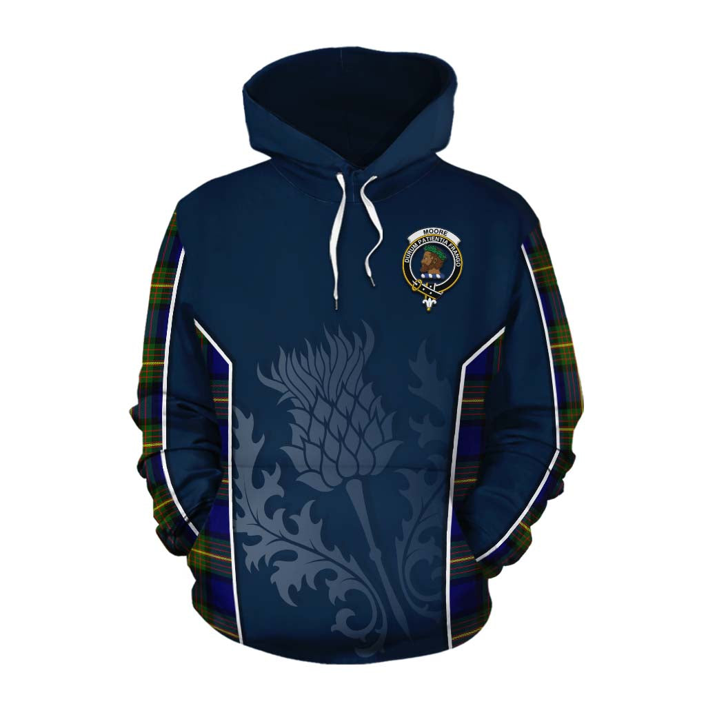 Tartan Vibes Clothing Moore Tartan Cotton Hoodie with Family Crest and Scottish Thistle Vibes Sport Style
