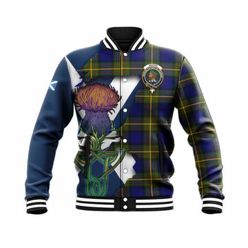 Tartan Vibes Clothing Moore Tartan Family Crest Baseball Jacket Scottish Thistle Celtic Inspired