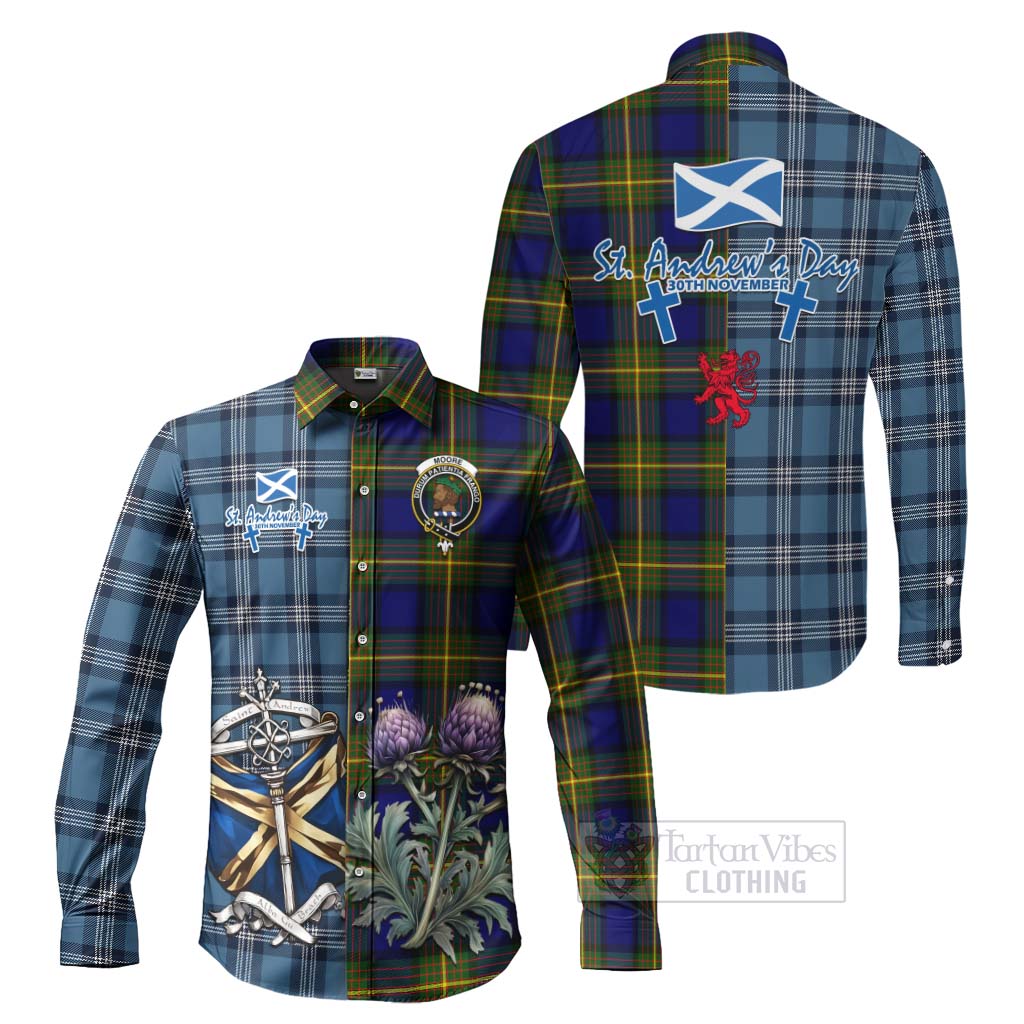 Moore Tartan Long Sleeve Button Shirt Happy St. Andrew's Day Half Tartan Style Men's Shirt S - Tartan Vibes Clothing