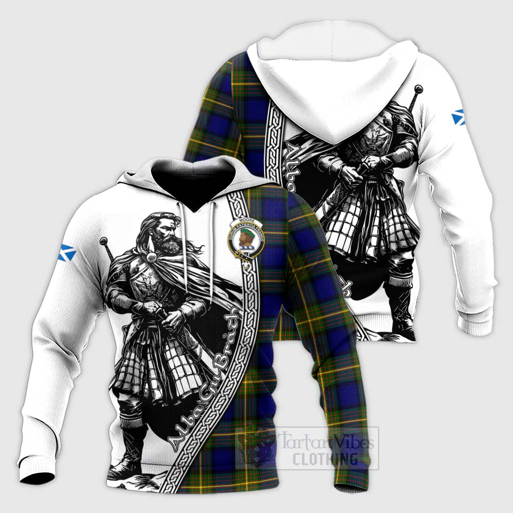 Moore Tartan Clan Crest Knitted Hoodie with Highlander Warrior Celtic Style Unisex Knitted Pullover Hoodie - Tartan Vibes Clothing