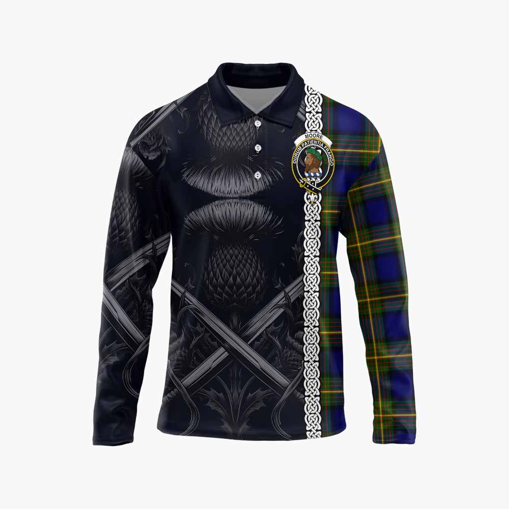 Moore Tartan Long Sleeve Polo Shirt with Family Crest Cross Sword Thistle Celtic Vibes Unisex - Tartan Vibes Clothing