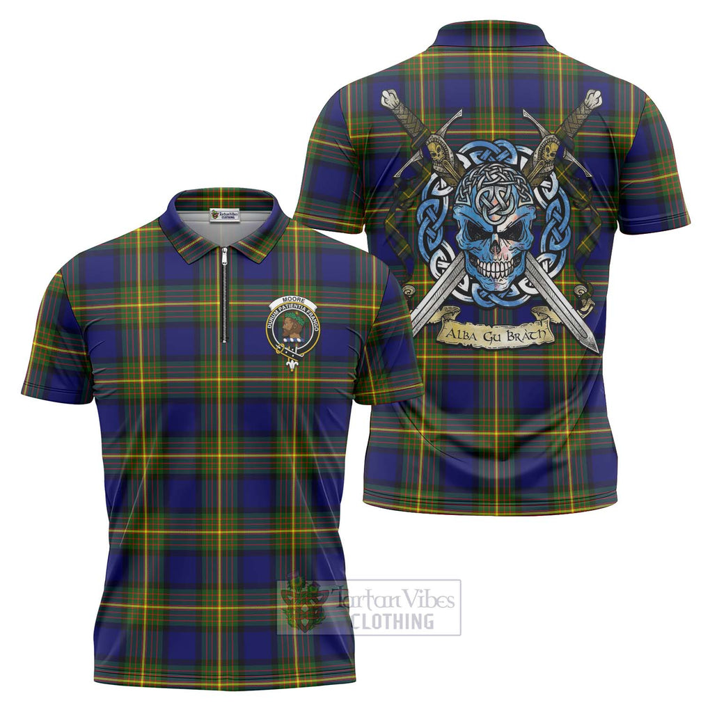 Moore Tartan Zipper Polo Shirt with Family Crest Celtic Skull Style Unisex - Tartan Vibes Clothing