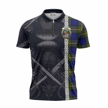 Moore Tartan Zipper Polo Shirt with Family Crest Cross Sword Thistle Celtic Vibes Unisex - Tartan Vibes Clothing