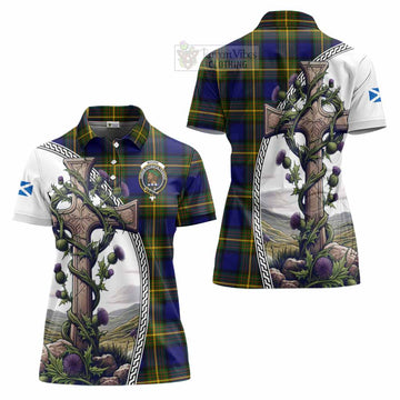Moore Tartan Women's Polo Shirt with Family Crest and St. Andrew's Cross Accented by Thistle Vines Women - Tartan Vibes Clothing