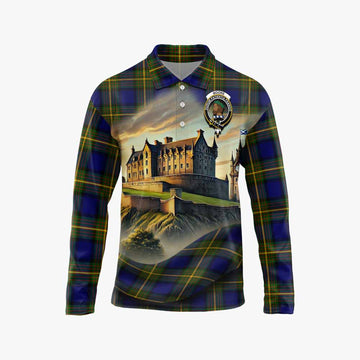 Moore Tartan Family Crest Long Sleeve Polo Shirt with Scottish Ancient Castle Style Unisex - Tartan Vibes Clothing