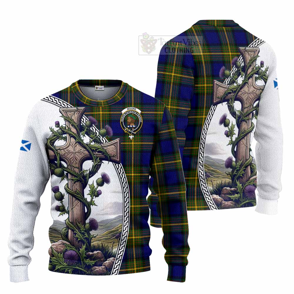 Moore Tartan Knitted Sweater with Family Crest and St. Andrew's Cross Accented by Thistle Vines Unisex - Tartan Vibes Clothing
