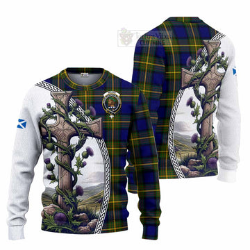 Moore Tartan Knitted Sweater with Family Crest and St. Andrew's Cross Accented by Thistle Vines Unisex - Tartan Vibes Clothing