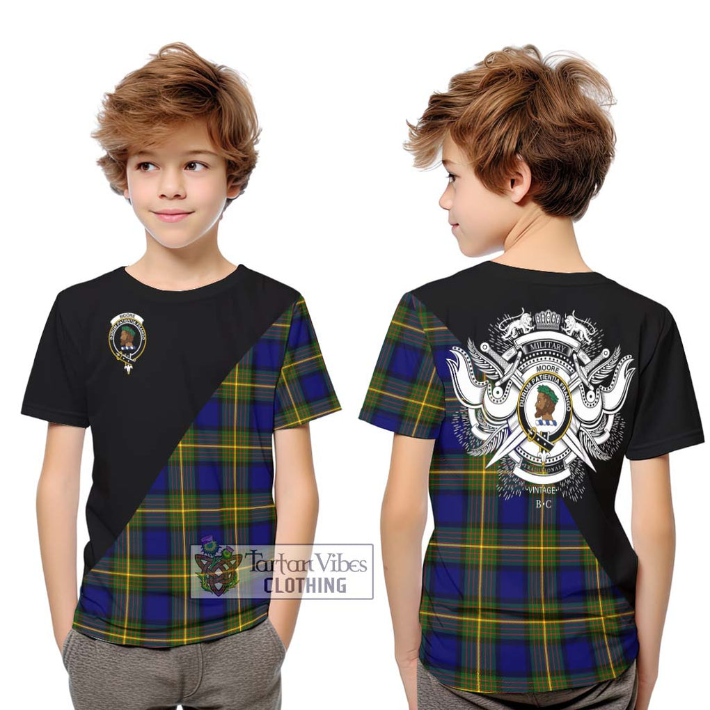 Moore Tartan Kid T-Shirt with Family Crest and Military Logo Style Youth XL Size14 - Tartan Vibes Clothing
