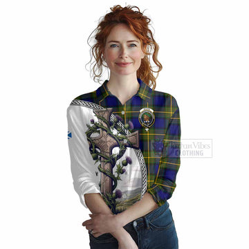 Moore Tartan Women's Casual Shirt with Family Crest and St. Andrew's Cross Accented by Thistle Vines Female - Tartan Vibes Clothing