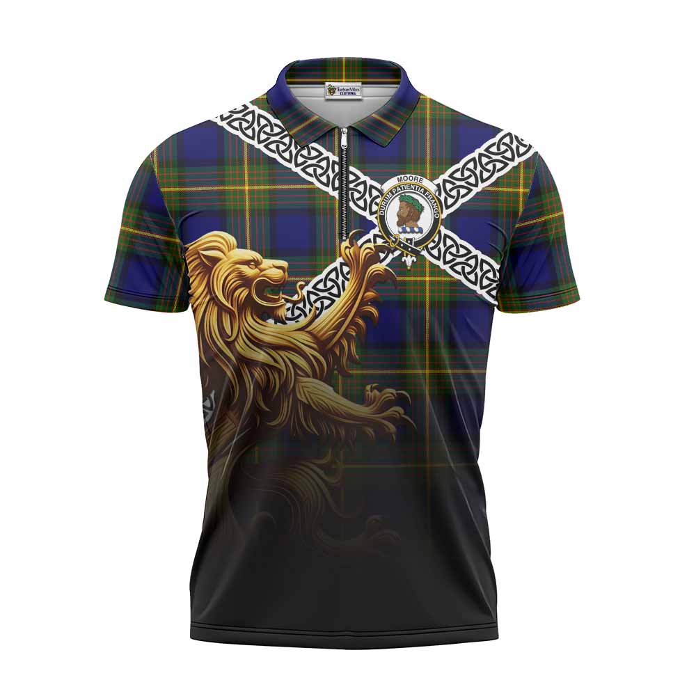 Moore Crest Tartan Zipper Polo Shirt with Golden Lion Emblem Celtic Style Unisex - Tartan Vibes Clothing