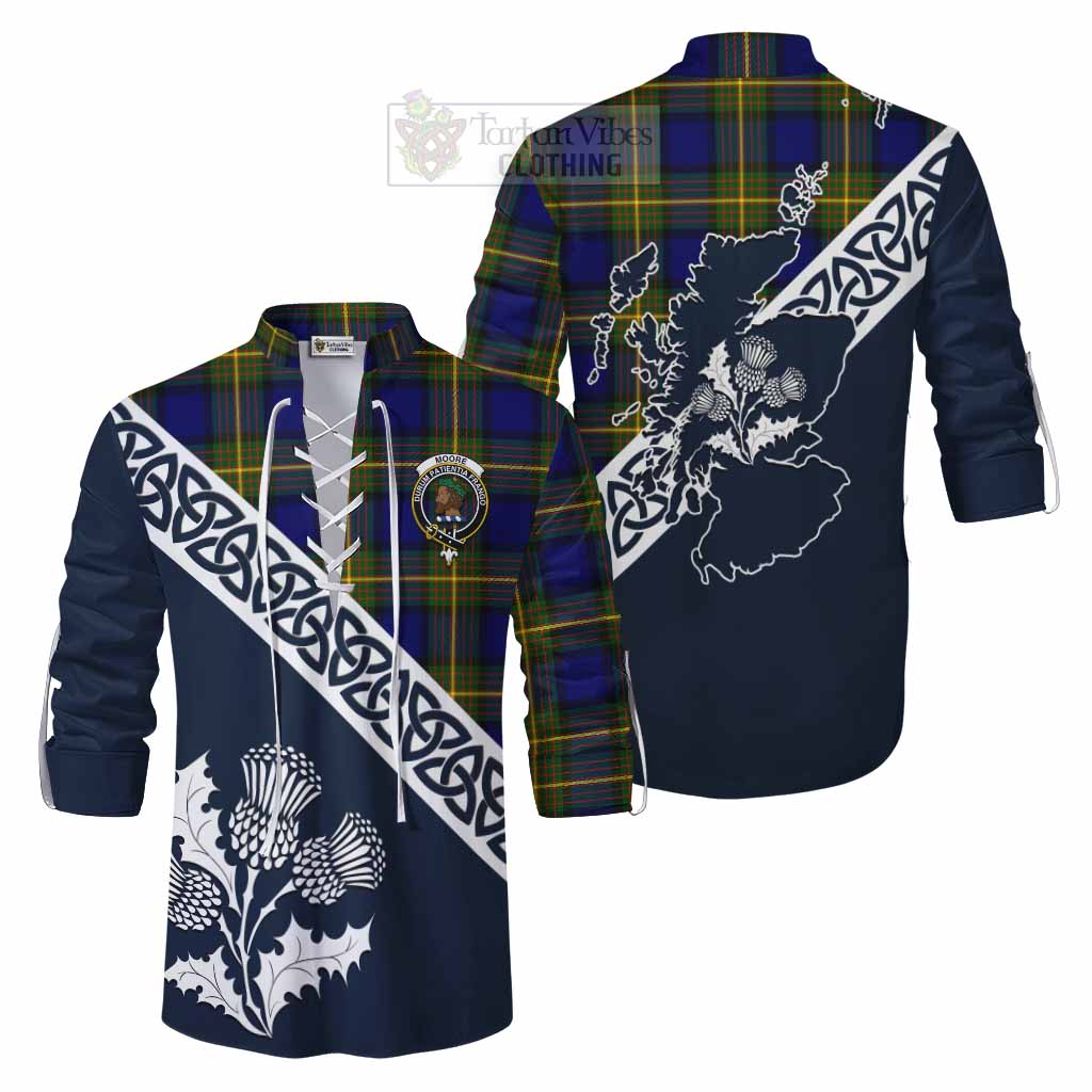 Moore Tartan Ghillie Kilt Shirt Featuring Thistle and Scotland Map Men - Tartan Vibes Clothing