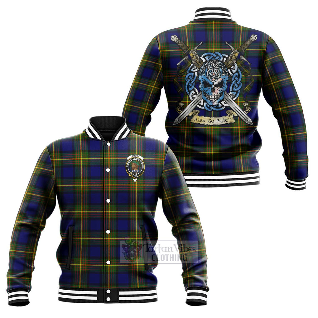 Moore Tartan Baseball Jacket with Family Crest Celtic Skull Style Unisex - Tartan Vibes Clothing
