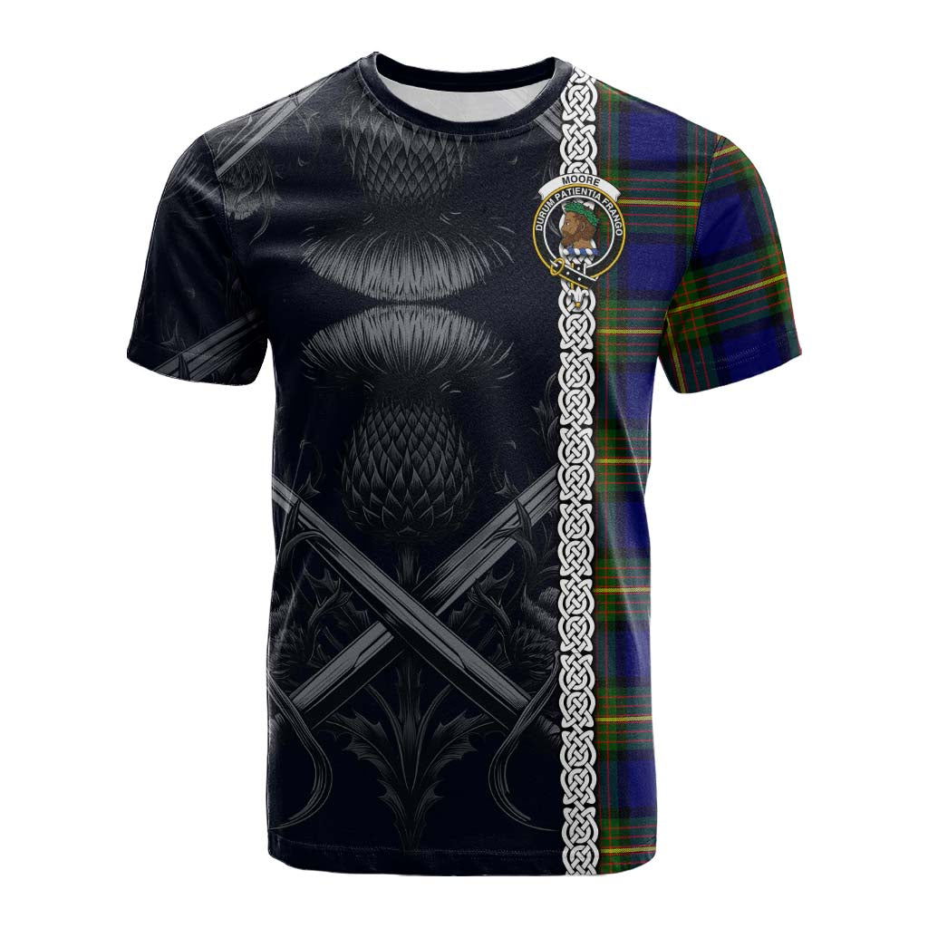 Tartan Vibes Clothing Moore Tartan Cotton T-shirt with Family Crest Cross Sword Thistle Celtic Vibes