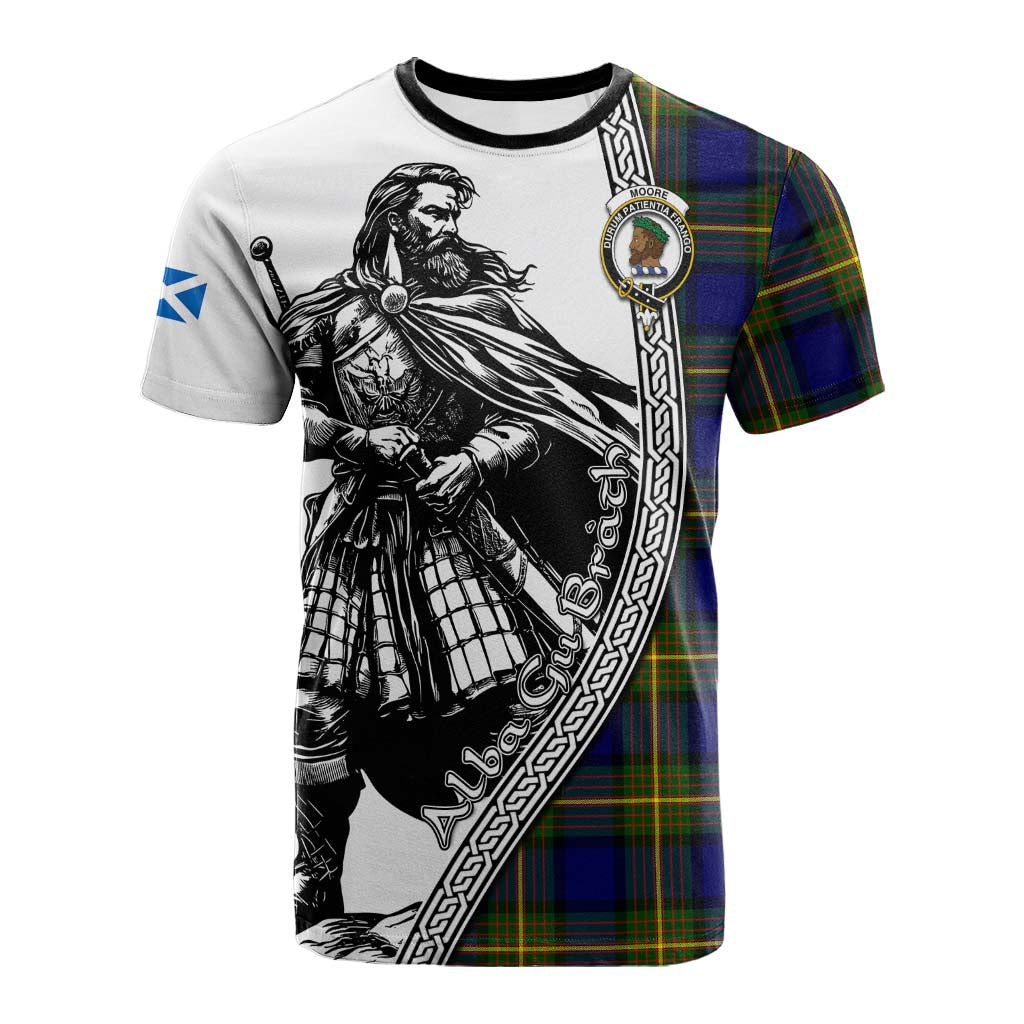 Moore Tartan Clan Crest Cotton T-shirt with Highlander Warrior Celtic Style