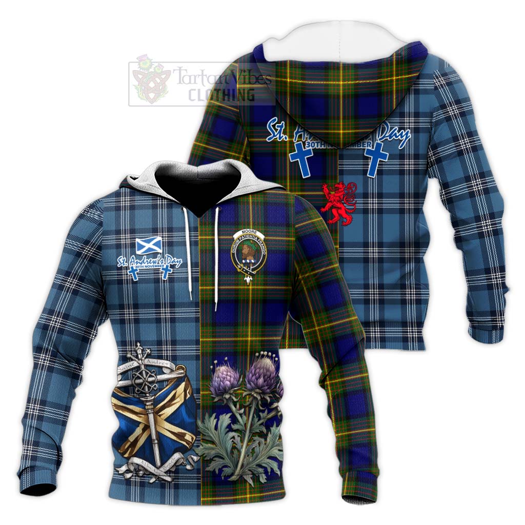 Moore Tartan Knitted Hoodie Happy St. Andrew's Day Half Tartan Style Unisex Knitted Pullover Hoodie - Tartan Vibes Clothing