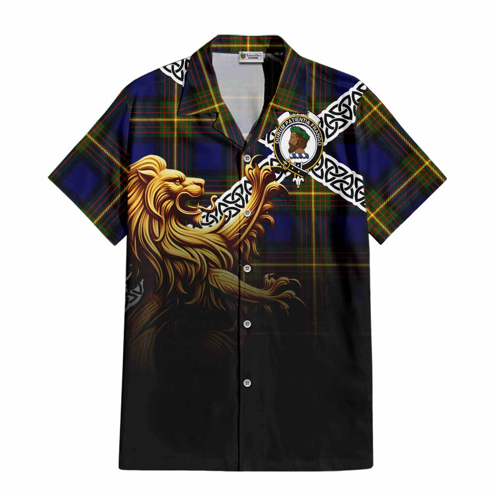 Tartan Vibes Clothing Moore Crest Tartan Short Sleeve Button Shirt with Golden Lion Emblem Celtic Style
