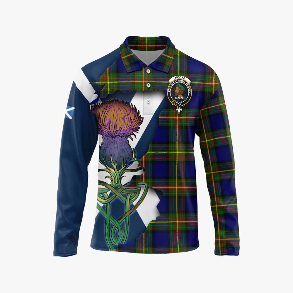 Moore Tartan Family Crest Long Sleeve Polo Shirt Scottish Thistle Celtic Inspired Unisex - Tartan Vibes Clothing