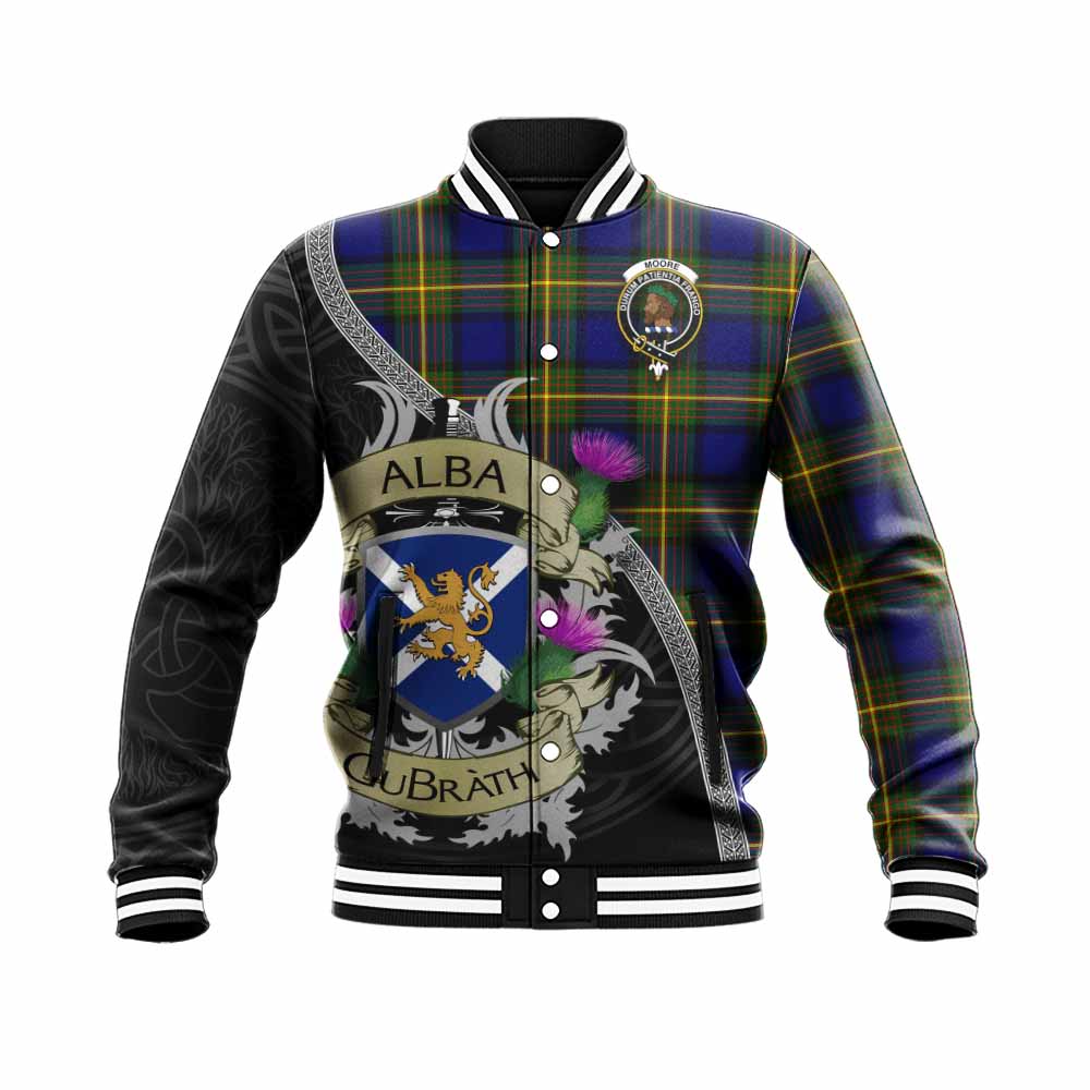 Moore Tartan Family Crest Baseball Jacket Lion Rampant Royal Thistle Shield Celtic Inspired Unisex - Tartan Vibes Clothing