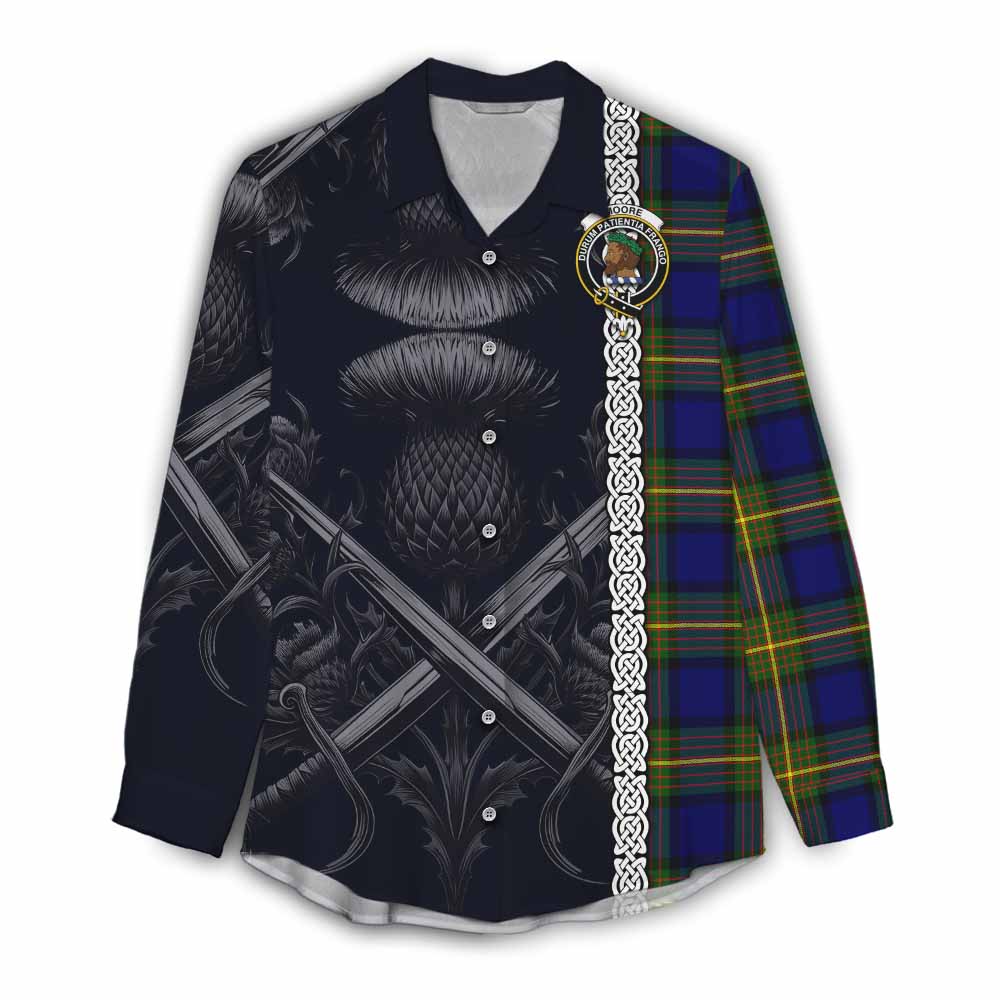 Moore Tartan Women's Casual Shirt with Family Crest Cross Sword Thistle Celtic Vibes Female - Tartan Vibes Clothing