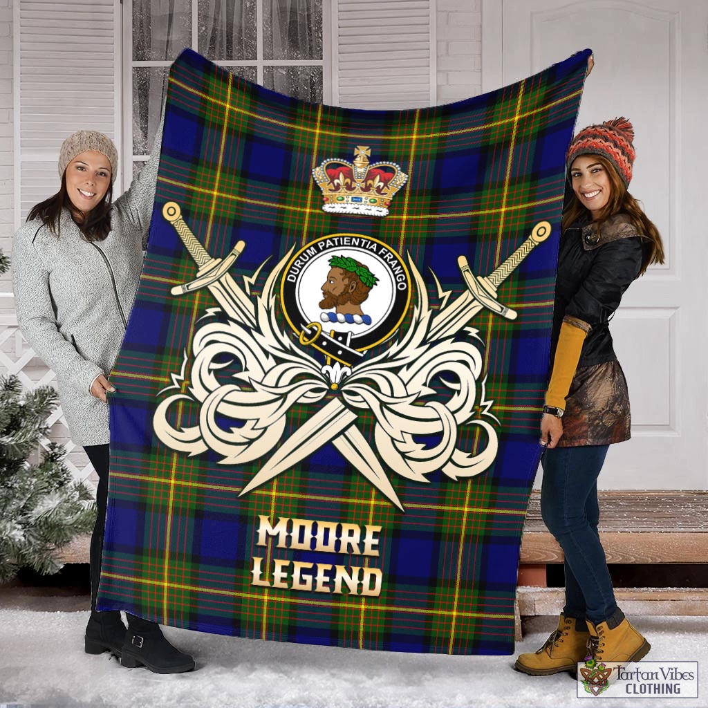 Moore Tartan Blanket with Clan Crest and the Golden Sword of Courageous Legacy X-Large 59 x 79 inches 150 x 200 cm - Tartan Vibes Clothing