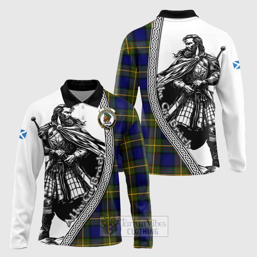 Moore Tartan Clan Crest Long Sleeve Polo Shirt with Highlander Warrior Celtic Style Unisex - Tartan Vibes Clothing