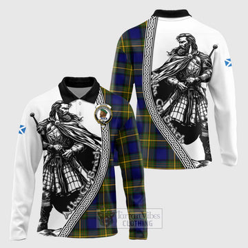 Moore Tartan Clan Crest Long Sleeve Polo Shirt with Highlander Warrior Celtic Style Unisex - Tartan Vibes Clothing