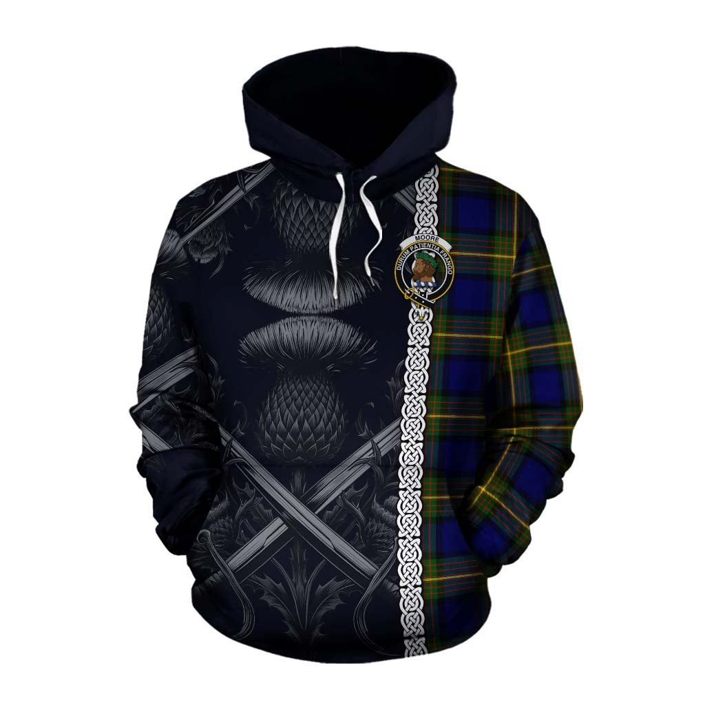 Moore Tartan Cotton Hoodie with Family Crest Cross Sword Thistle Celtic Vibes Pullover Hoodie XS - Tartan Vibes Clothing