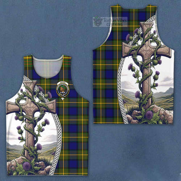 Moore Tartan Men's Tank Top with Family Crest and St. Andrew's Cross Accented by Thistle Vines Men - Tartan Vibes Clothing